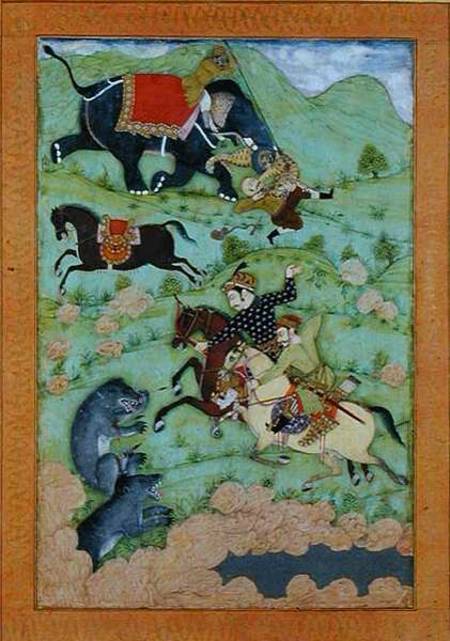 Rajput princes hunting bears; a mahout and his elephant rescue a fallen horseman from a tiger, from from Mughal School
