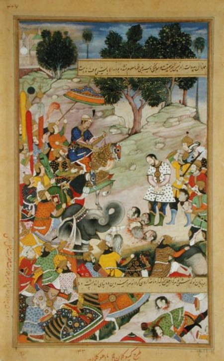 The rebel Bahadur Khan (d.1601) as a prisoner in the presence of Akbar (r.1556-1605) in 1567, from t from Mughal School