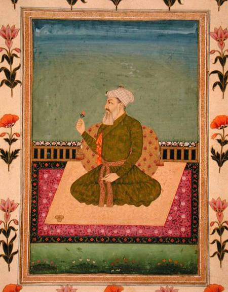 A ruler seated on a carpet or terrace, holding a flower, from the Small Clive Album from Mughal School