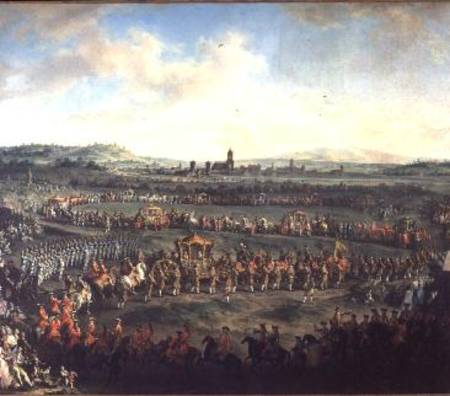 The Entrance of Emperor Francis I (1708-65) into Frankfurt accompanied by Joseph II (1741-90) from Mytens (Schule)
