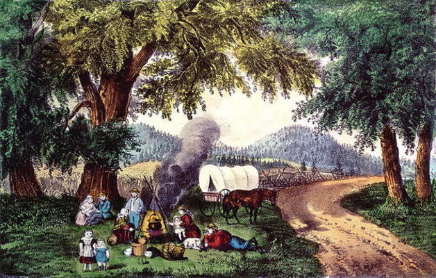 A Halt by the Wayside (print) 9:picnic; cauldron; sisters; pipe; covered wagon; settlers; American; from N. Currier