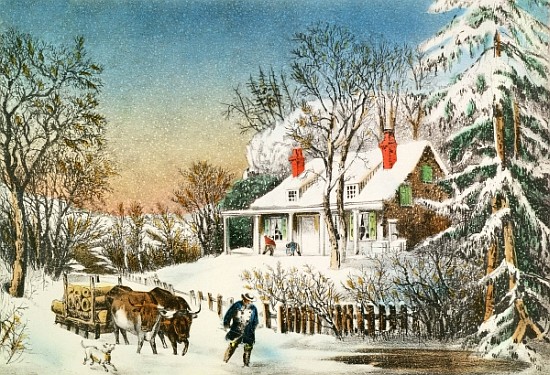 Bringing Home the Logs, Winter Landscape, 19th century from N. Currier
