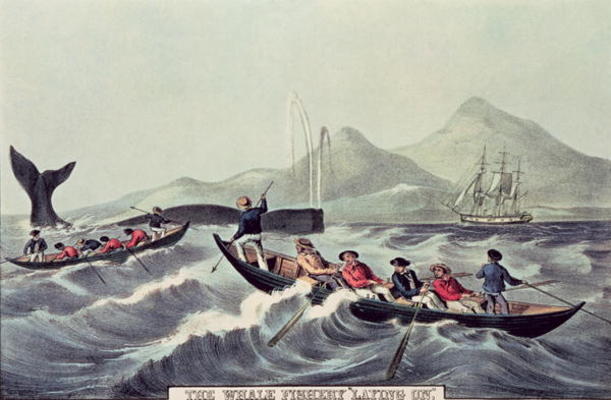 The Whale Fishery 'Laying on', 1852 (litho) from N. Currier
