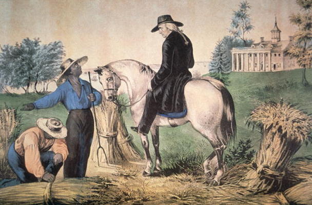 George Washington (1732-99) on his Mount Vernon estate with his black field workers in 1757, publish from Nathaniel Currier