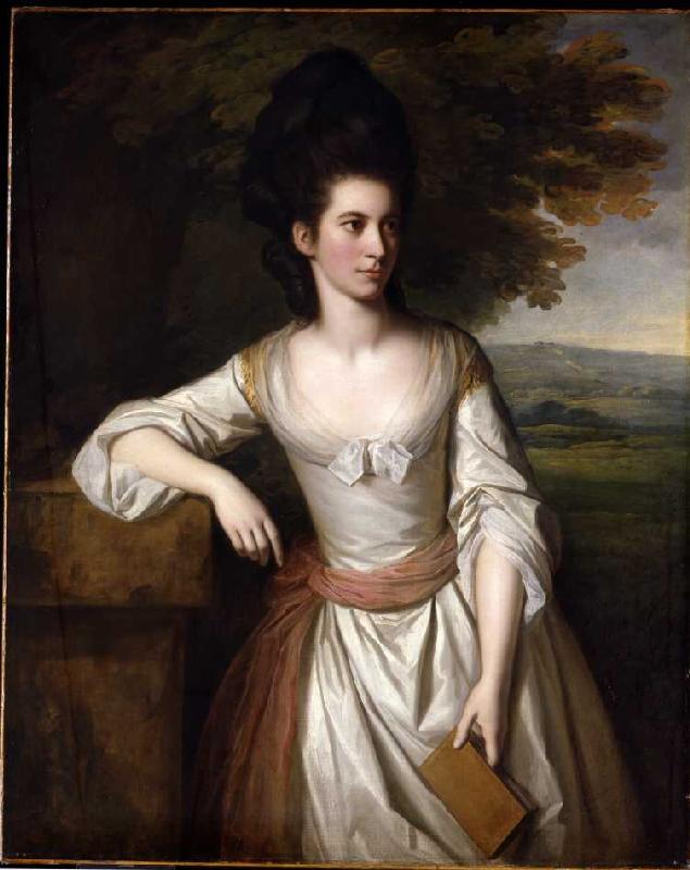 Mrs. Vere in einem weißen Kleid mit pinker Schleife, ein Buch in ihrer Linken haltend, eine Landscha from Nathaniel Dance