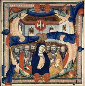 Historiated initial 'S' depicting the Descent of the Holy Spirit, mid 14th century (vellum)
