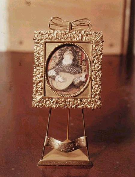 Queen Elizabeth I playing the lute (miniature including brass stand) from Nicholas Hilliard