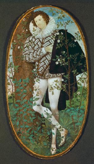 A Young Man Leaning Against a Tree Among Roses (16th century)(miniature)