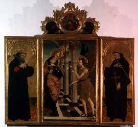 Triptych: central panel depicting the Annunciation with God above and side panels bearing the figure