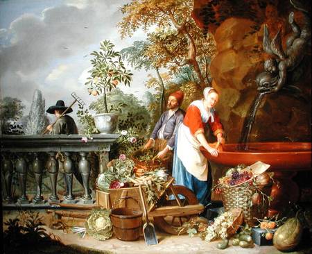 A Maid Washing Carrots at a Fountain with Two Gardeners at Work from Nicolaas or Nicolaes Muys