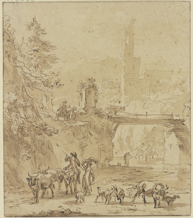 Burgruine, über dem Wasser ein Steg im Vordergrund, Hirte zu Esel und Hirten zu Fuß mit Vieh from Nicolaes Berchem