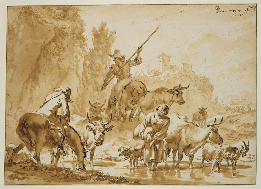 Zwei Hirten zu Pferde treiben Vieh durchs Wasser, die Hirtin mit einem Sack wartet hindurch from Nicolaes Berchem