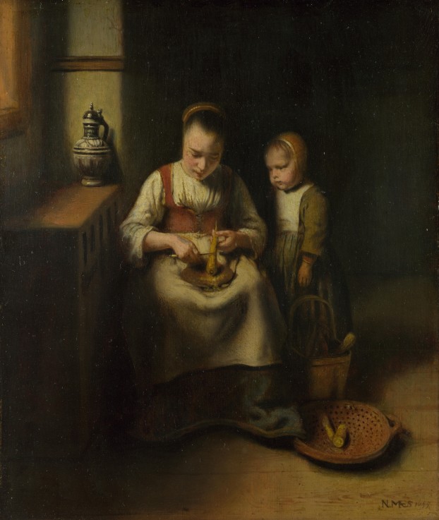 A Woman scraping Parsnips, with a Child standing by her from Nicolaes Maes