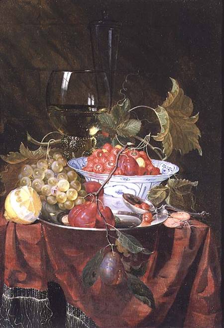 Still life with wild strawberries, plums, grapes and a lemon on a draped ledge from Nicolaes Van Gelder