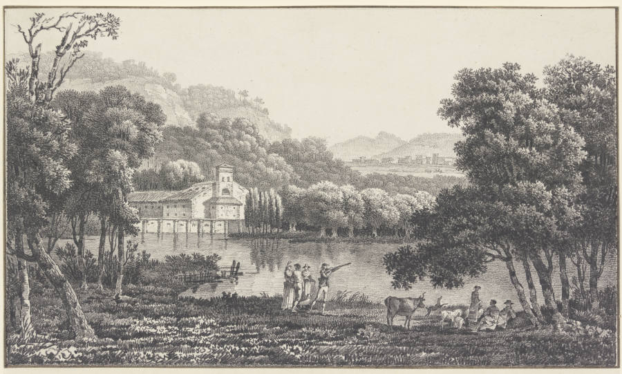 Eine Kirche an einem See, vorn Figuren und Vieh, dabei ein Jäger from Nicolas Joseph Vergnaux