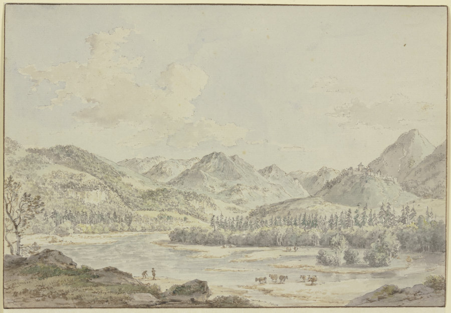 Ein Schweizer Tal mit einem Fluß zwischen Tannenwäldern, rechts auf dem Berg ein Schloß, vorne fünf  from Nicolas Pérignon