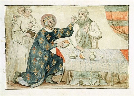 Ms 1779 fol.81 St. Louis feeding a miserly monk, from ''Memoires pour la Vie de Saint Louis'' from Nicolas Claude Fabri de Peiresc