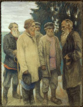 Der Schrifsteller Leo Tolstoj mit Bauern.