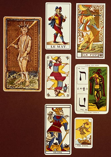 0 The Fool, seven tarot cards from different packs from 