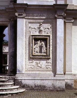 The first courtyard, detail of an antique low relief from the collection of Giulio III, incorporated from 