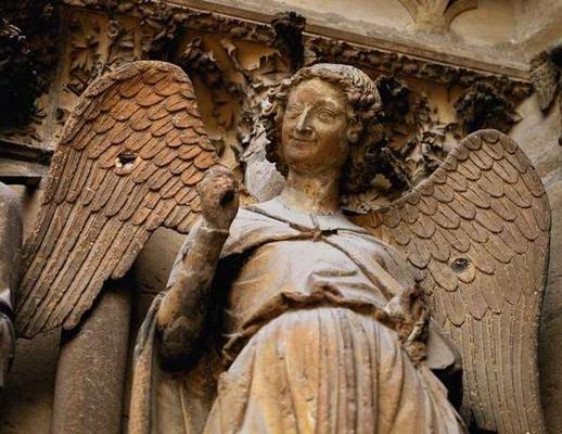 Detail of one of St. Nicaise's angels, Sculpture from exterior west facade, 14th century (stone) (se from 
