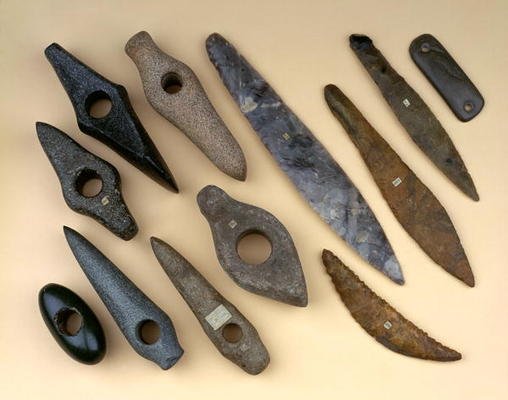 Collection of Neolithic to early Bronze Age weapon heads including a Danish flint leaf-shaped dagger from 