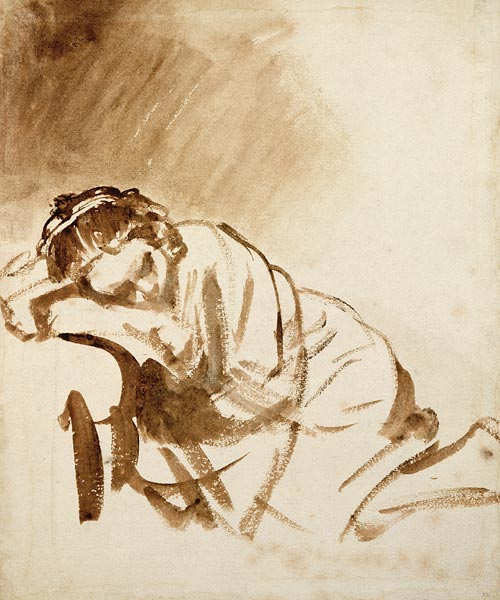 A Young Woman Sleeping (Hendrijke Stoffels) c.1654 (brush & brown wash on paper) from 