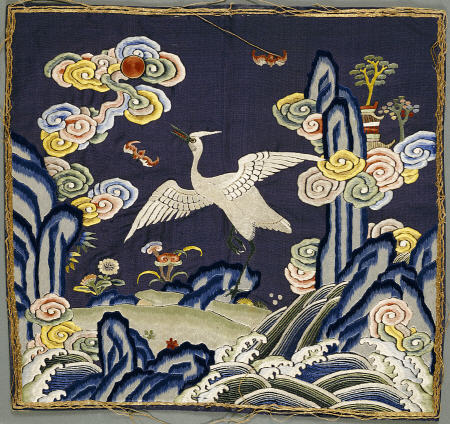 A Blue-Ground Embroidered Mandarin Square Depicting An Egret from 