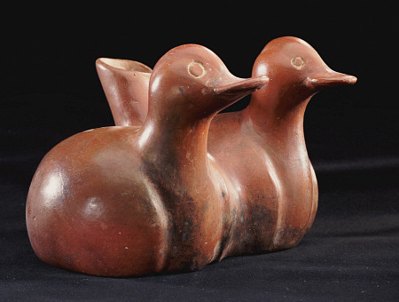 A Colima Effigy Vessel Of A  Twin Pair Of Flat-Billed Ducks Joined Together With A Central Cylindric from 