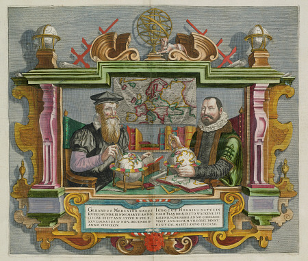A Hand Coloured Engraving Of Cartographers Gerard Mercator (1512-1594) And Jodocus Hondius (1563-161 from 