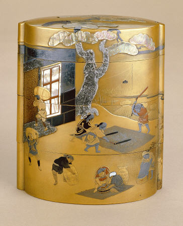 A Large Three Case Inro Inlaid With Mother Of Pearl And Lead Depicting Farmers In Rice Fields And Th from 