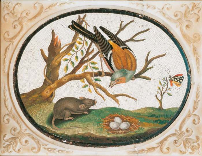 An oval-shaped medallion with a mosaic representing a bird on the branch of a tree, a mouse, a meado from 