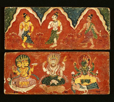 A Pair Of Nepalese Polychrome Wooden Manuscript Covers The Upper Cover Painted With Three Standing D from 