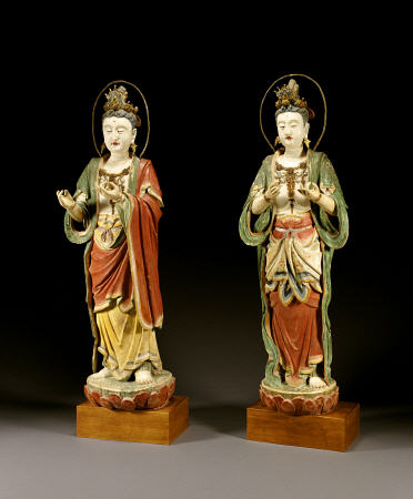A Pair Of Rare Monumental Painted Stucco Figures Of Bodhisattvas, Each A Representation Of Avalokite from 