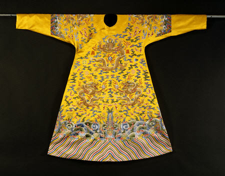 A Rare Imperial Embroidered Yellow Silk Twelve Symbol Dragon Robe, Ji Fu from 