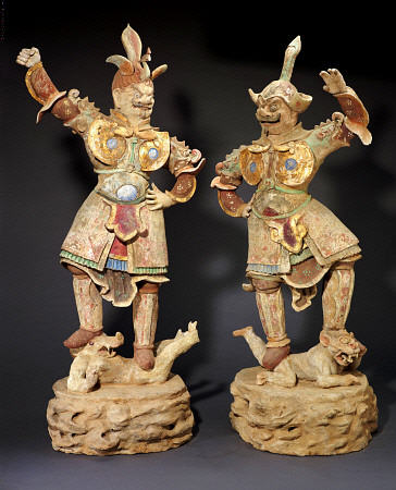 A Rare Pair Of Massive Painted Pottery Lokapala Guardians Both Standing On  A Recumbent Demons from 