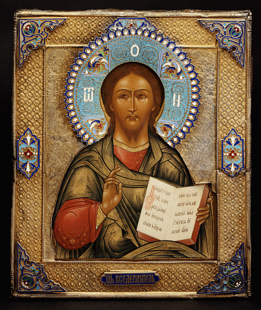 A Silver-Gilt And Cloisonne Enamel Icon Of Christ Pantocrater, The Oklad Marked Moscow, 1895, Assaym from 