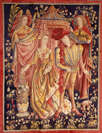A Tournai Betrothal Tapestry Depicting A Man And Woman In Fine Dress Beneath A Canopy Held Back By T from 