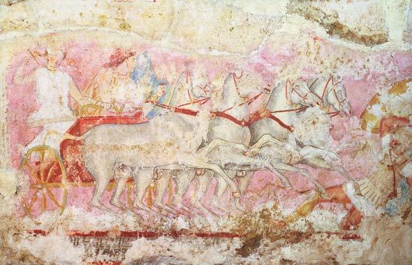 Amazons driving a chariot, detail from the side of the sarcophagus of the Amazons, Tarquinia, 4th ce
