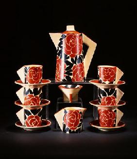  A Conical Coffee Set For Six, Painted In Shades Of Red And Black On A Latona Ground, Comprising; Co