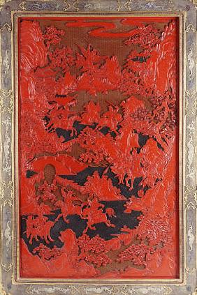 A Filigree Framed Red Lacquer Panel Depicting Warriors On Horseback And Mythical Animals In A Landca