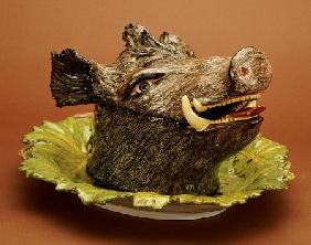 A German Faience Boar''s Head Tureen Cover And Stand, Probably Strasbourg, Circa 1750