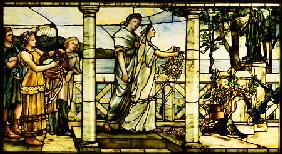 A Stained And Leaded Glass Window Depicting A Group Of Maidens, With A Lake Scene In The Background