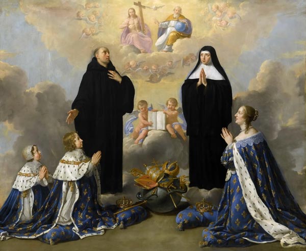Anna of Austria with her children, praying to the Holy Trinity with Saints Benedict and Scholastica from 