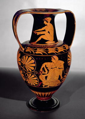 Attic red-figure amphora depicting a satyr struggling with a maenad, with a seated woman tying her s from 