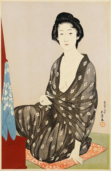 A Beauty In A Black Kimono With White Hanabishi Patterns Seated Before A Mirror from 