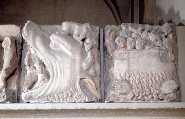 Bas-relief depiction of hell, showing figures being consumed by a monster and sinners boiling in a c from 