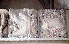 Bas-relief depiction of hell, showing figures being consumed by a monster and sinners boiling in a c