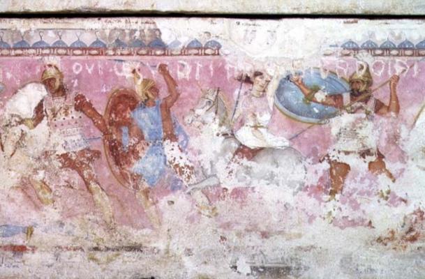 Battle between Greeks and Amazons, detail from the side of the sarcophagus of the Amazons, Tarquinia from 