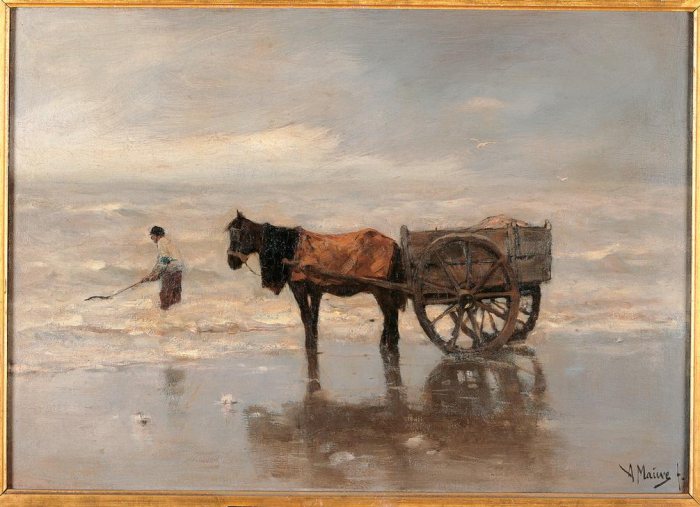 Cart on the beach sea sky clouds wind horse waves grey. from 